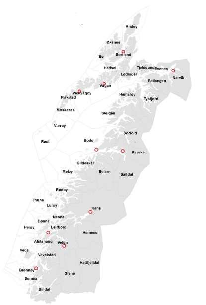 Regionsentre i Nordland Narvik 14 202 Sortland 5 138 Bodø 39 384 Fauske 6 092 Svolvær 4 542 Leknes 3 251 Mo i Rana 15 592 Mosjøen 9 686 Sandnessjøen 5