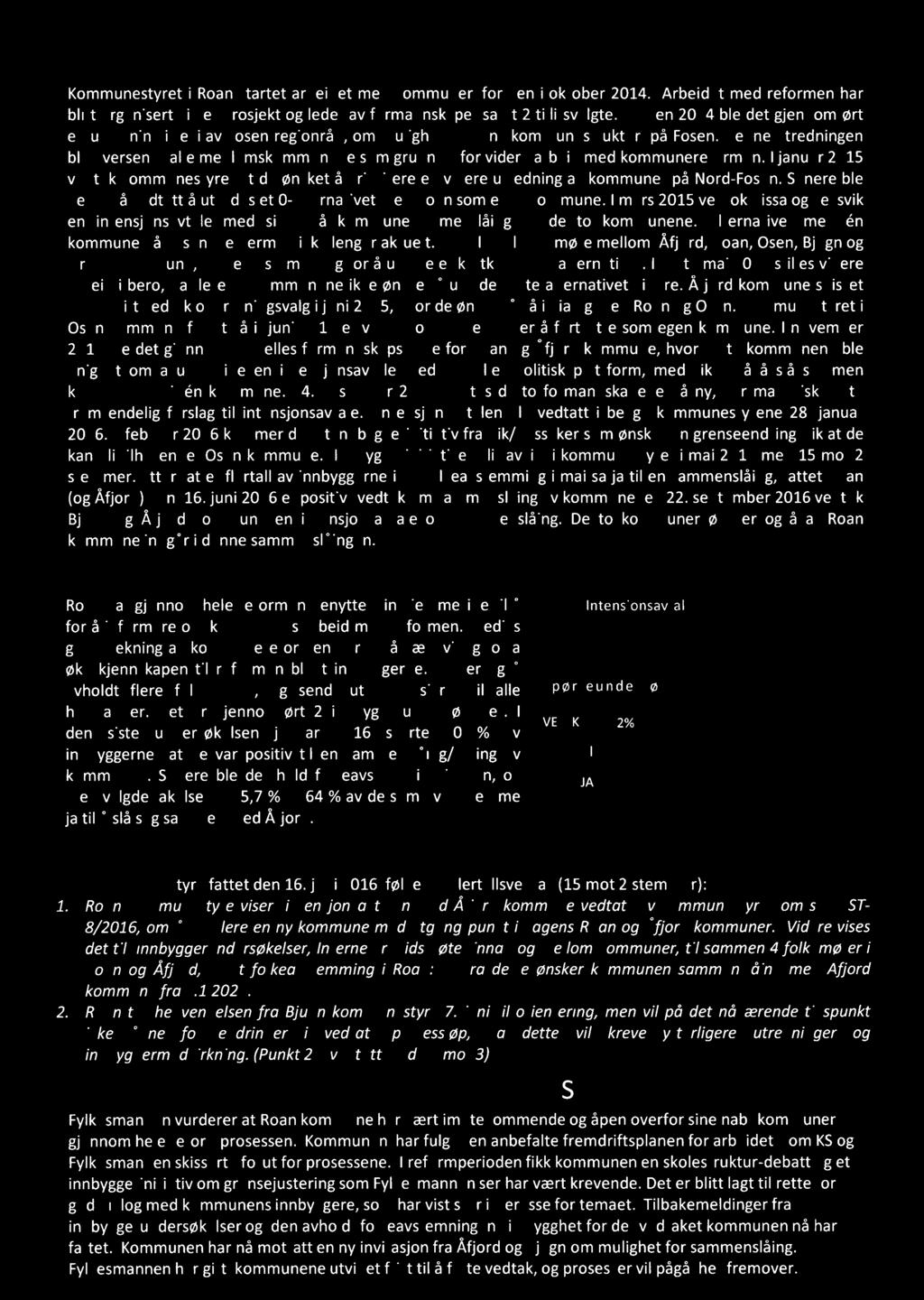 KOMMUNEREFORMPROSESSEN Kommunestyret Roan startet arbedet med kommunereformen oktober 2014. Arbedet med reformen har bltt organsert va et prosjekt og ledet av formannskapet samt 2 tlltsvalgte.