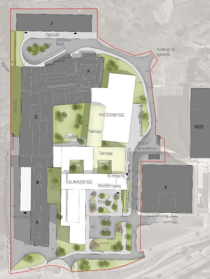 1 Samlet utbyggingsløsning, utviklingsmuligheter og fleksibilitet Samlet utbyggingsløsning Samlet utbyggingsløsning for alternativ 1 viser nytt klinikkbygg plassert sør for dagens hovedinngang og