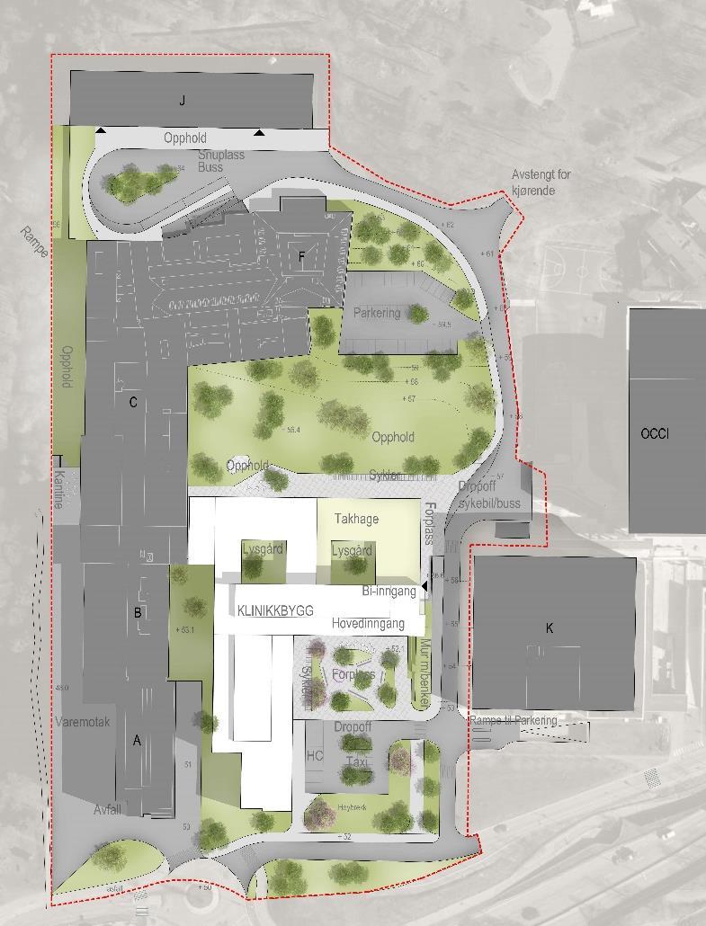 78 Konseptrapport nytt klinikkbygg Radiumhospitalet Figur 45 Utomhusplan for nytt klinikkbygg - alternativ 1 Forbindelsen til Mærradalen forsterkes i nord når bygg E rives.