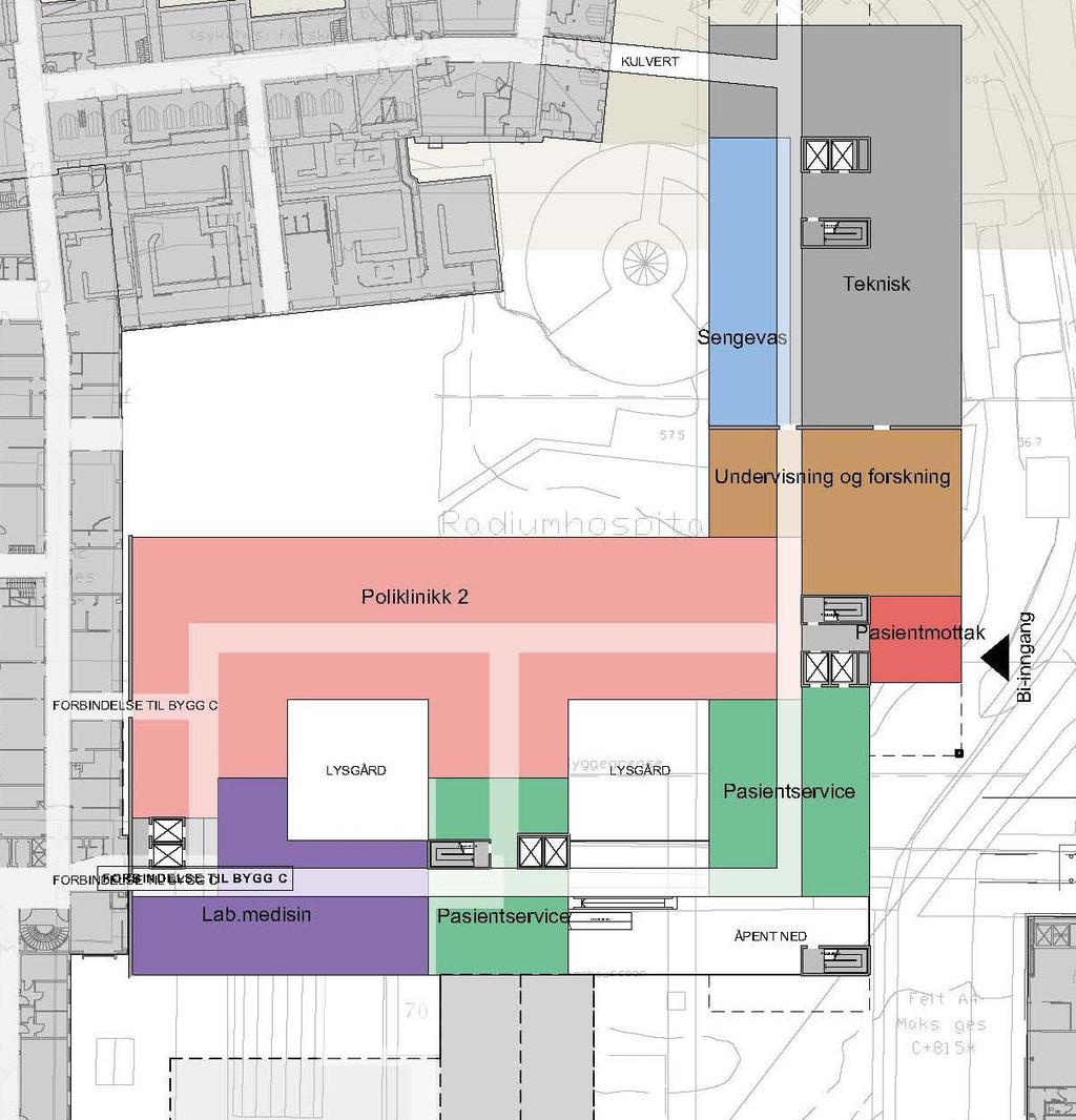 Konseptrapport nytt klinikkbygg Radiumhospitalet 89 Plan 1 Adkomst til fellesarealer i plan 1 skjer via rulletrapp og heis fra hovedinngangen i plan U1.