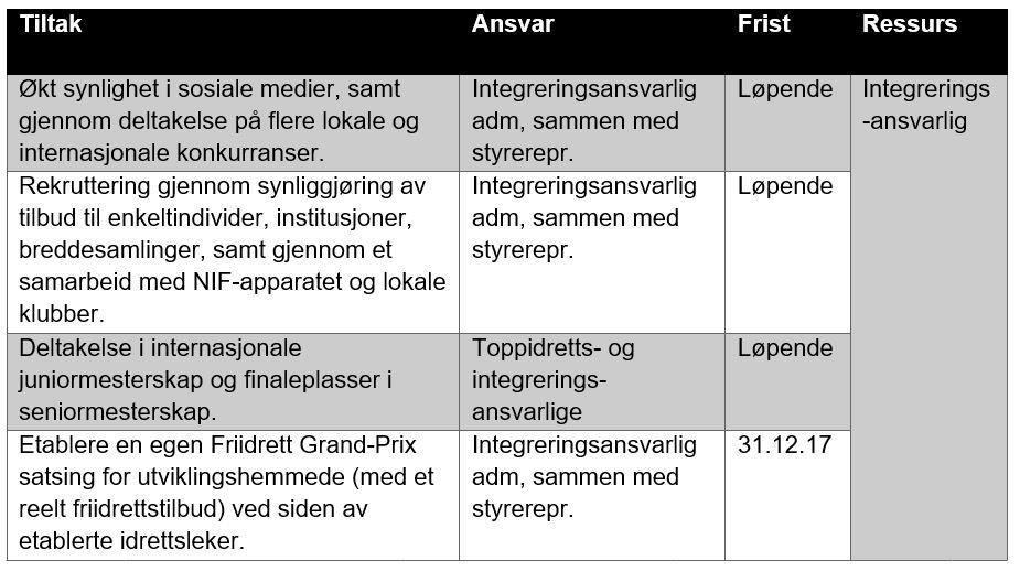 6. Idrett for funksjonshemmede Hovedmålsetting for området: «Funksjonshemmede gis gjennom tilpasninger og tilrettelegging en mulighet til å delta i organisert friidrett ut fra egne ambisjoner og