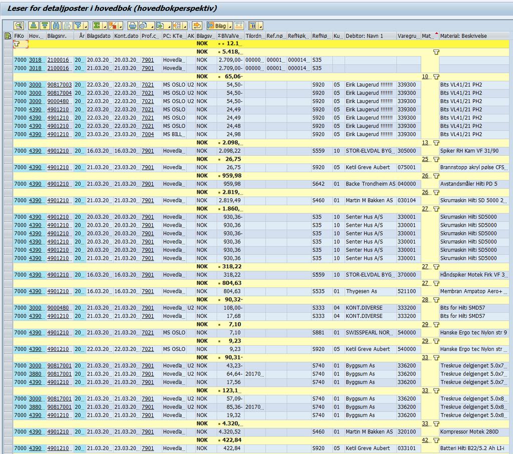 date Detaljposter fra hovedbok detaljer på materiell, kunde, material