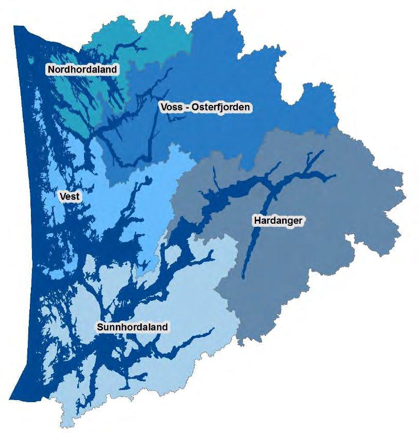 2.1 Vassregion Hordaland Grensene for vassregion Hordaland følgjer i hovudsak fylkesgrensene, men med nokre unntak. Store delar av Odda (blant anna Røldal) ligg i vassregion Rogaland.