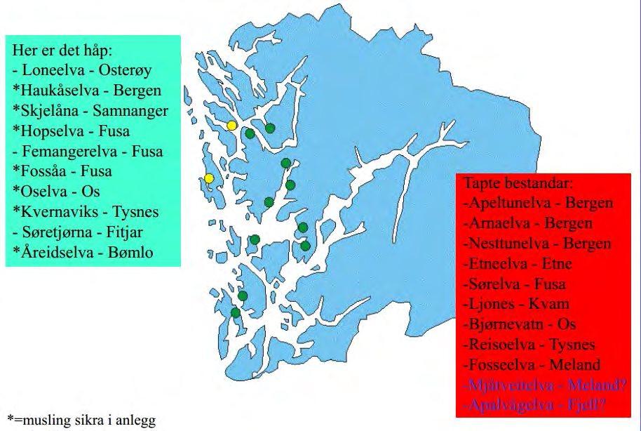 Figur 11 Førekomst av elvemusling i Hordaland. Figur 12 Oversyn over bestandar med elvemusling.