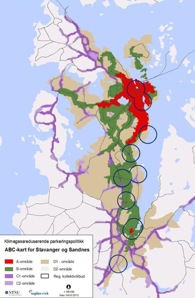 5 Trafikk og tilgjengelighet Generelt For å kartlegge tilgjengelighet i byer og til sentrum har det blitt laget ABC-kart for Stavanger og Sandnes.