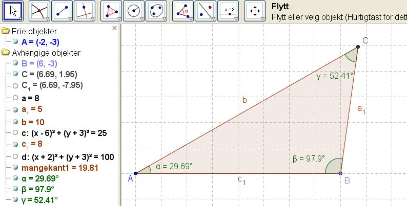 Metode 2 Klikk på sirkelen til venstre for a = 8 i Algebrafeltet. Klikk på ikon nr. 5 fra venstre og velg Mangekant. Klikk på punktene A, B, C og A.