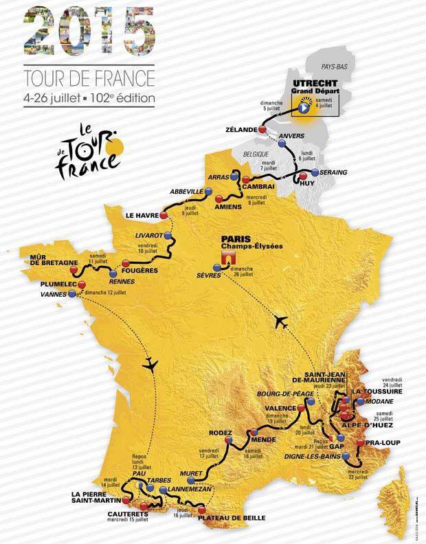 Tour de France Les aspects sportifs Le parcours Du samedi 4 juillet au dimanche 26 juillet 2015, le 102e Tour de France