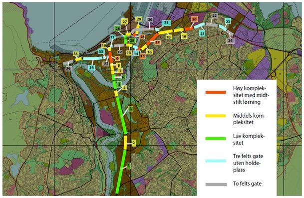 Fig: Strekningsvis kompleksitet Gitt dagens trafikksituasjon er det trafikkmessig løsbart og har neppe store negative konsekvenser å ha midtstilt buss fra Sluppen til holdeplass ved Prinsen kino.