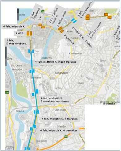 Figur: Prinsippskisse som viser hvor midtstilte kollektivfelt/stasjoner er mulig med dagens trafikksituasjon (blå), og hvor det er komplisert (orange).