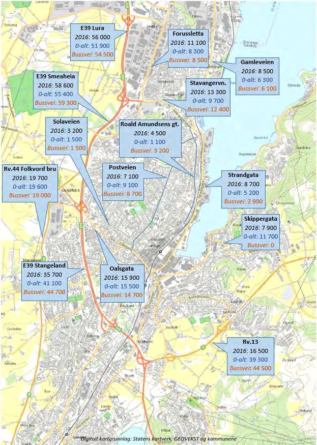 30 Figur 5-1 Årsdøgntrafikk (ÅDT) i dagens situasjon (2016) og i prognoseåret 2043 med