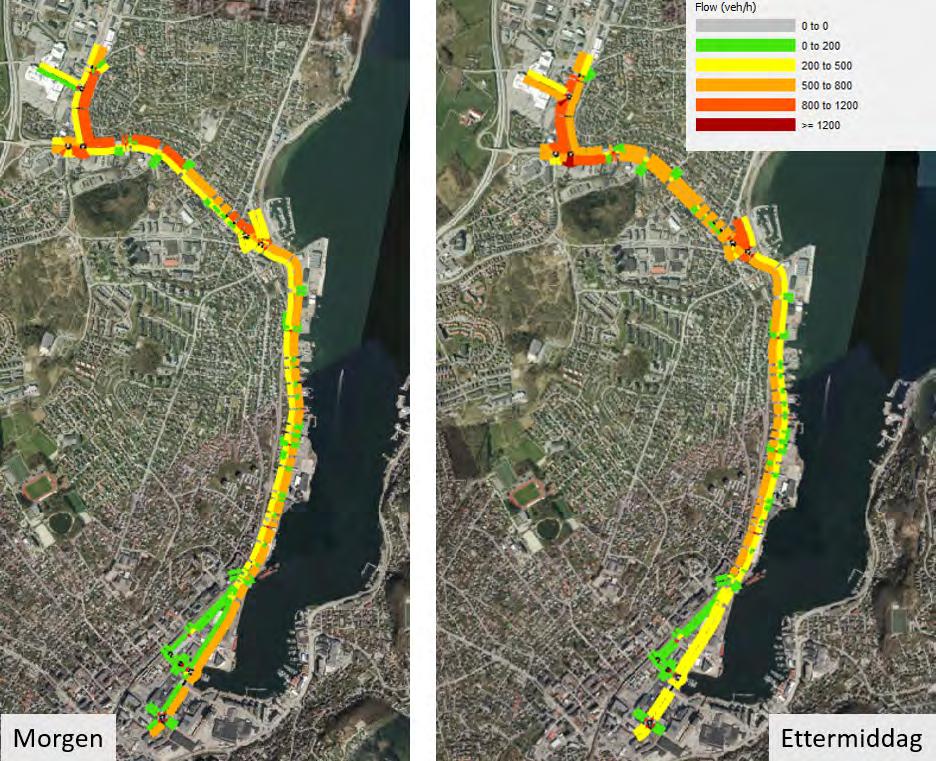 34 Figur 6-1: Trafikkmengder i Aimsun-modellen for dagens situasjon (2016). Morgenrush t.v., ettermiddagsrush t.h. Trafikkgrunnlaget i modellen for lette og tunge kjøretøy er beregnet fra trafikkregistreringer i kryss og snitt.