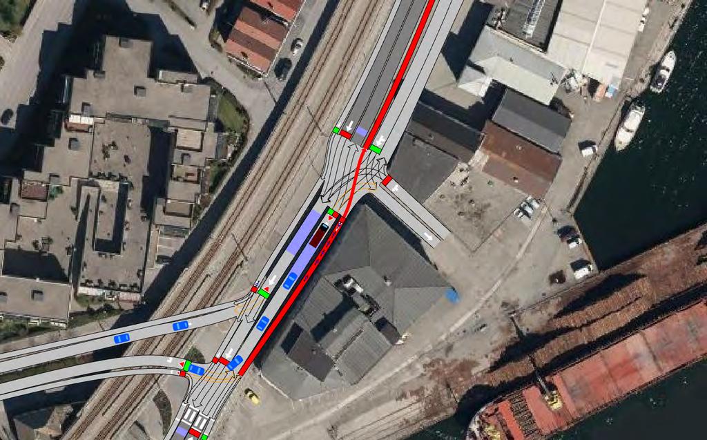 58 Detektor for nordgående busstrafikk inn mot rundkjøringen i Gamleveien/Roald Amundsens gate er trukket lengre inn mot rundkjøringen for å unngå uheldige situasjoner hvor bussene anroper grønt