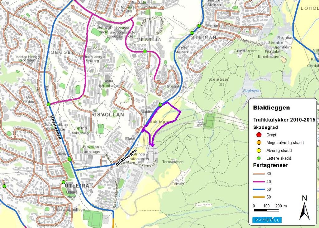 Trafikkanalyse Blaklieggen -11 2.5 Trafikksikkerhet Figur 7 viser trafikkulykker med personskader for de siste fem årene og fartsgrensene på vegene.