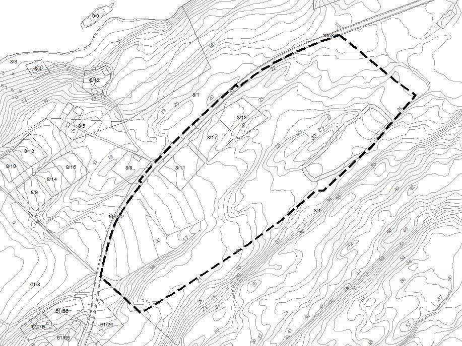 Plangrense og mål for planen: Plangrensen følger eksisterende plan på østsiden av Fv58. Nye tomter skal ta hensyn til, og holdes utenfor areal avsatt til kulturminne.