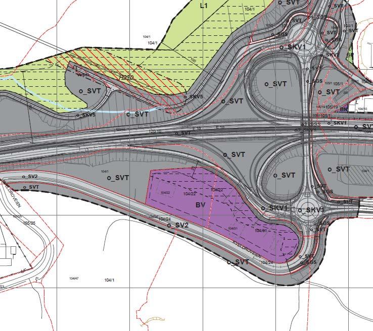 næring (lilla) til annen veggrunn (grått) ligger i hovedsak innenfor byggegrensen mot E18 (stiplet skravur).