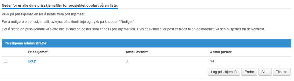 For å lage en ny prisskjema: 1. Klikk på koblingen Mine aktive konkurranser 2. Trykk på Prisskjema 3. Trykk på [Lag prisskjemafil] 4. Før inn navnet på prisskjema og trykk på [Lagre]. 5.