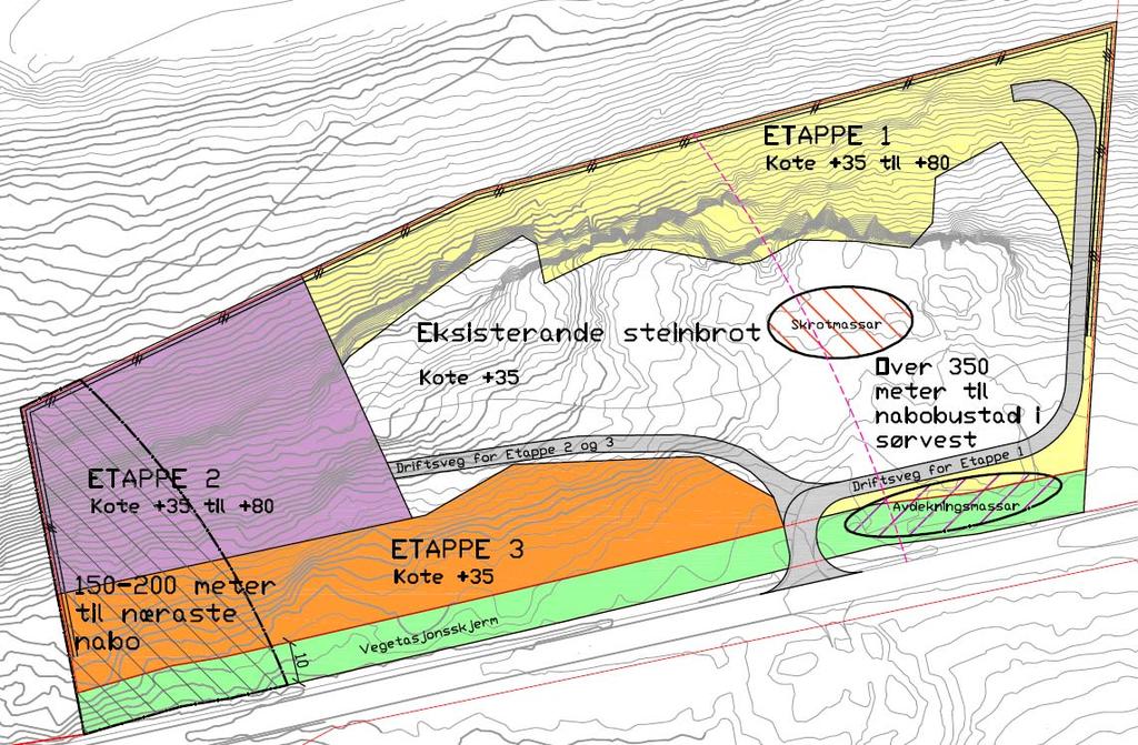 Nordplan side 4 av 5 Figur 1 Illustrasjon over planlagt uttaksetapper og område av steinbrot som er 150-200 meter frå næraste nabobustad i sørvest (skravert område).