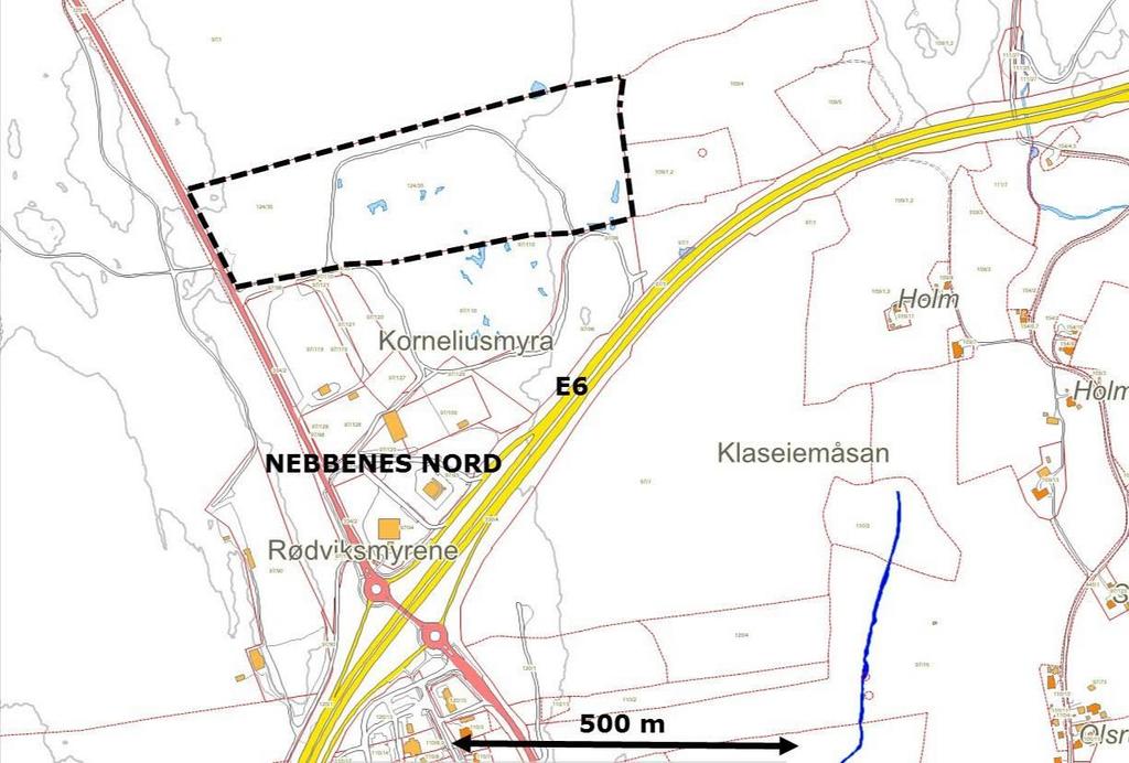 for E6. Planområdet avgrenses slik den stiplete sorte linjen viser. Planområdet er på totalt 125 daa.