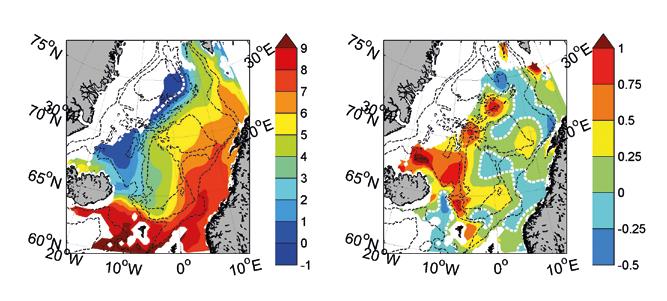 Norskehavet Temperaturen på det innstrømmende atlanterhavsvannet langs kontinentalskråningen var i 2014 nær eller noe over langtidsmiddelet.