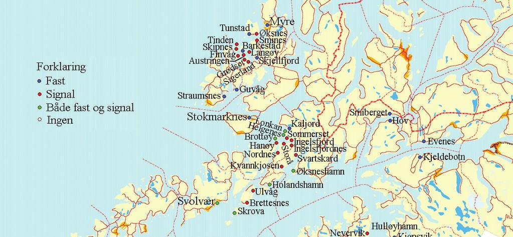 Hvis vi tar utgangspunkt i alle stedene som har hurtigbåtanløp, og legger stedsnavnene inn i et kart, får vi et bilde som