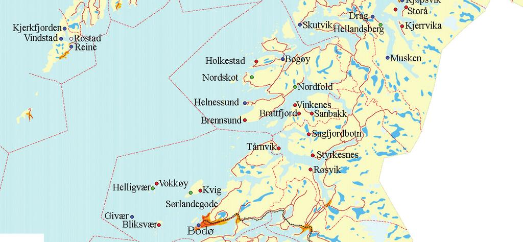 Hvis vi fokuserer kun på beliggenheten til anløpsstedene og ruteføringen, blir bildet som illustrert i Figur 3-3 for den