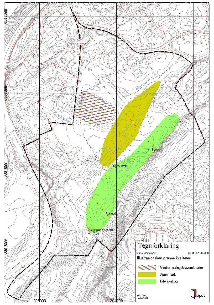 Figur 6. Naturtyper er grovt kartlagt med håndholdt GPS. Områder som ikke er markert, er overgangssoner mellom grønt- og boligområdene.