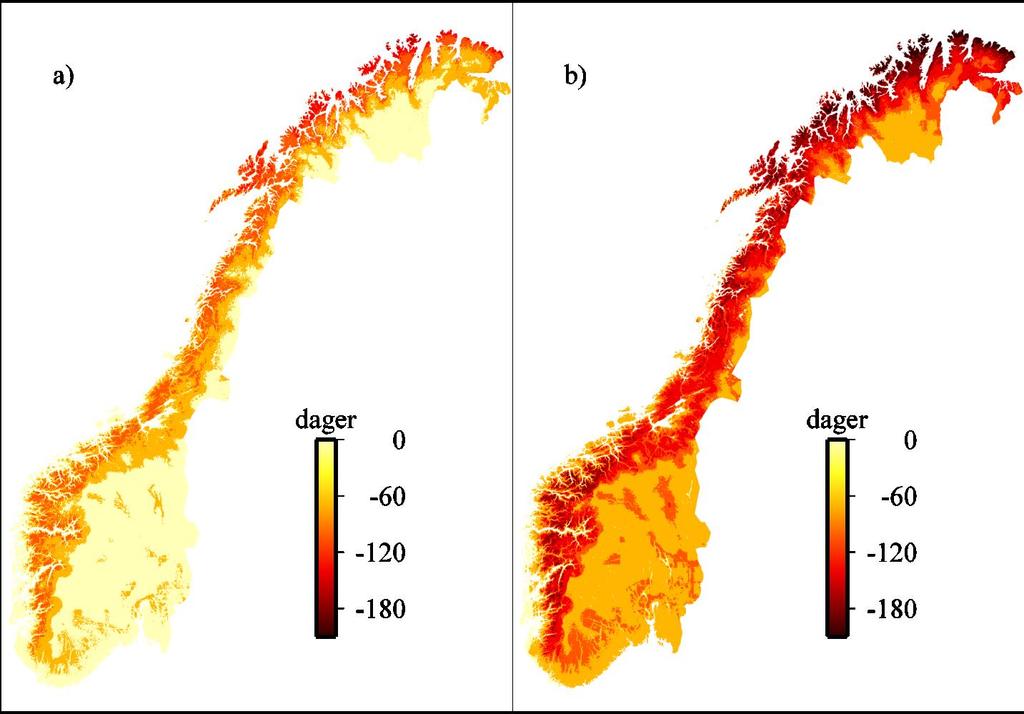 Snøsesongens lengde avtar Minst reduksjon: I kyststrøk (lite å ta av) I innland/fjellsstrøk Størst reduksjon i områder som i dag har temperatur