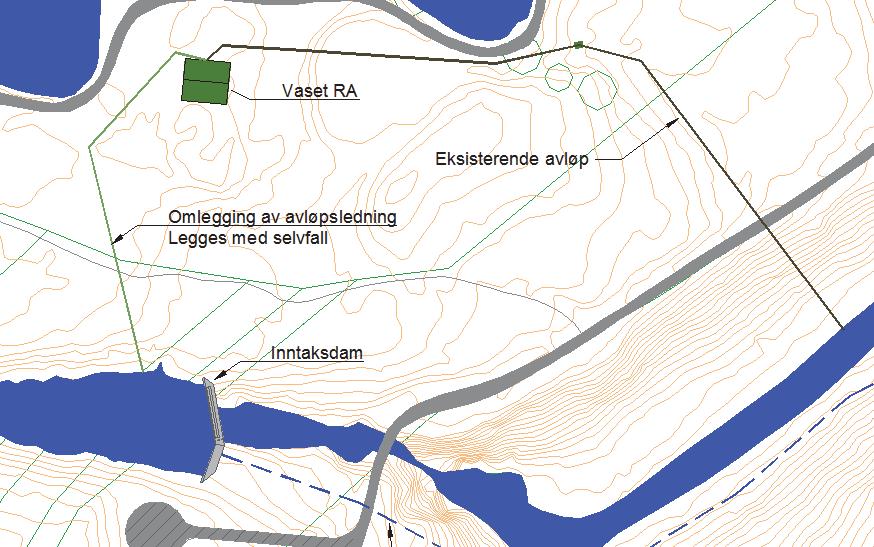 de faktiske plasseringene. Nytt avløpsrør er planlagt nedgravd og vil ha fritt utløp i vannspeilet ved inntaket. Figur 2.