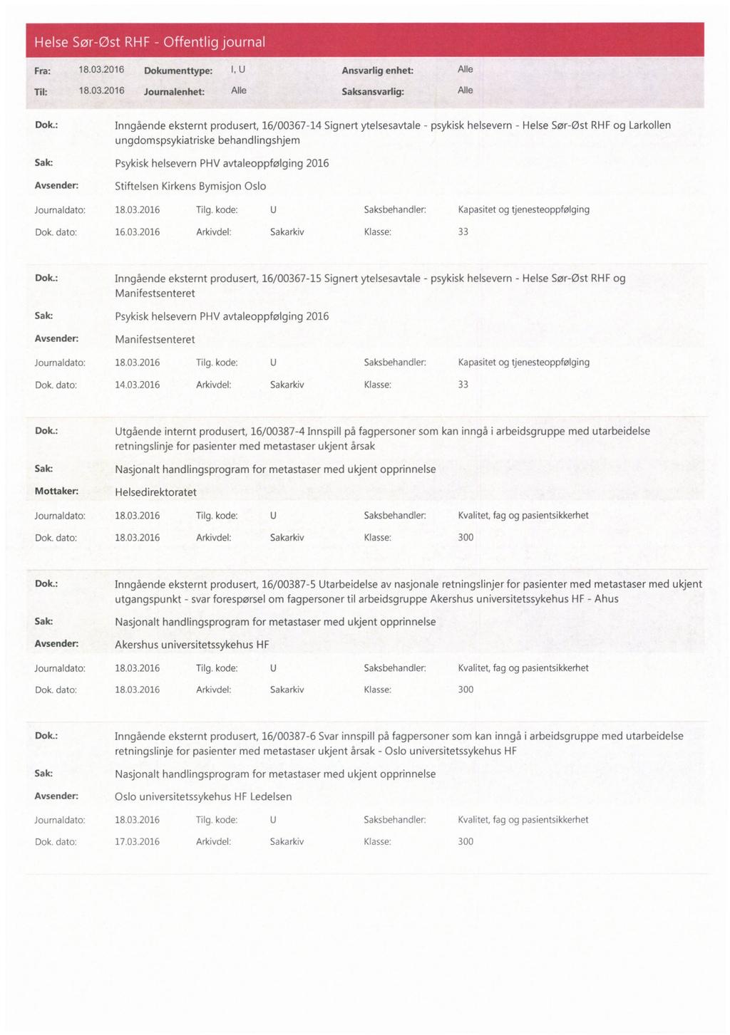 Fra: 18.03.2016 Dokumenttype: I, U Ansvarlig enhet: Alle Til: 18.03.2016 Joumalenhet: Alle Saksansvadig: Alle Dok.