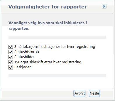 Du får nå følgende rapportvalg: o Ingen gruppering: Standard rapport som viser registreringene i rekkefølge etter nummerert ID o Gruppert etter lokasjon: Viser den enkelte aktuelle lokasjonstegning