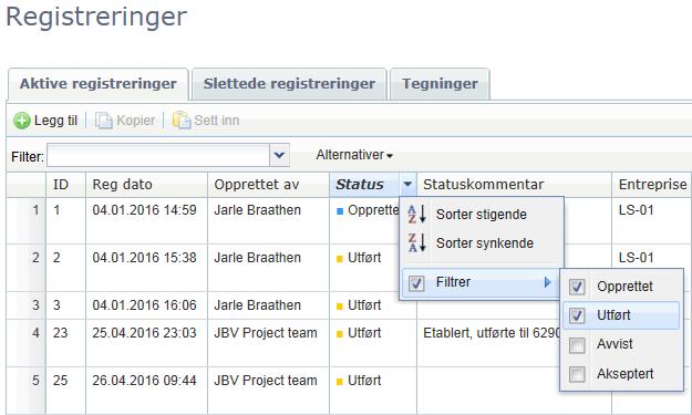 Den enkelte registrering blir forløpende presentert under lokasjonstegningen o Gruppert etter entreprise: Registreringene sortert på entreprise, fortløpende presentert o Gruppert etter entreprise og