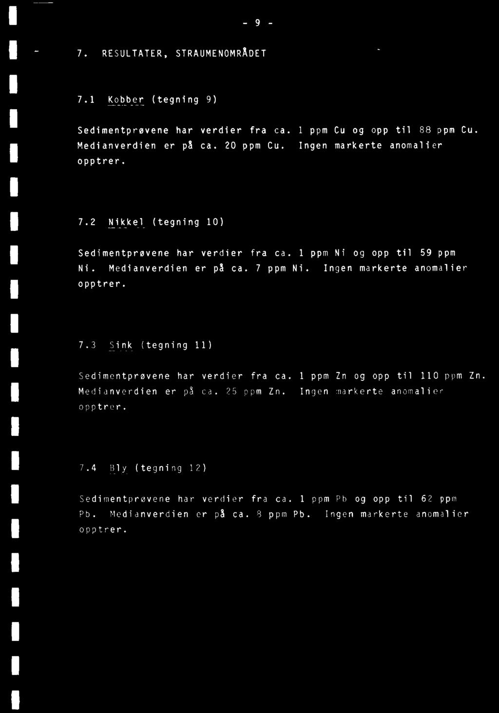 - 9-7. RESULTATER, STRAUMENOMRÅDET 7.1 Kobber (tegning 9) Sedimentprøvene har verdier fra ca. 1 ppm Cu og opp til 88 ppm Cu. Medianverdien er på ca. 20 ppm Cu. Ingen markerte anomalier opptrer. 7.2 Nikkel (tegning 10) Sedimentprøvene har verdier fra ca.
