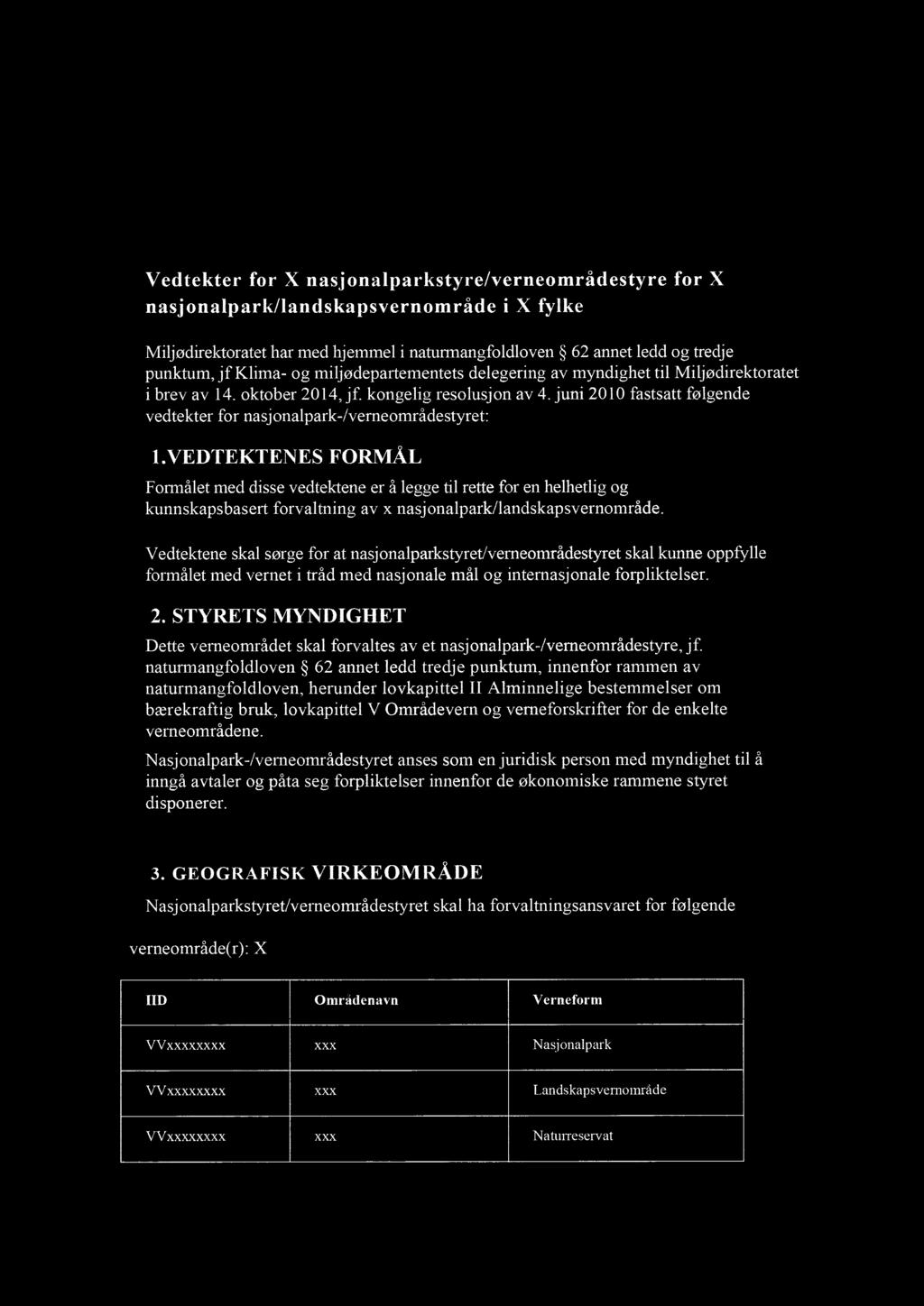 Vedtekter for X nasjonalparkstyre/verneområdestyre for X nasjonalpark/landskapsvernområde i X fylke Miljødirektoratet har med hjemmel i naturmangfoldloven 62 annet ledd og tredje punktum, jf Klima-