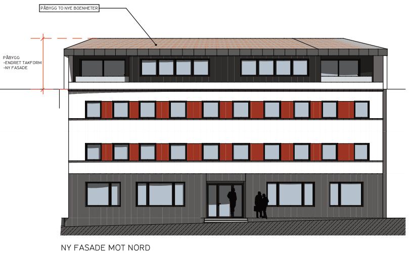 15) Det er utarbeida ei skisse som viser ny fasade mot nord: Figur 5 Fasade mot nord etter påbygg (En Til En