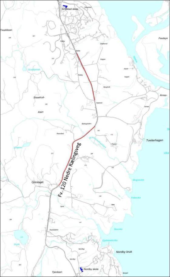 Figur 1: Kart over planområdet 1.2 Beskrivelse av prosjektet Det planlegges 2180 meter med ny gang- og sykkelveg langs østsiden av fv. 120. Gang- og sykkelvegen planlegges med bredde 3,5 m.