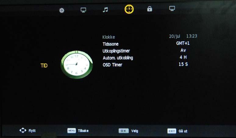 OSD-meny OSD-meny 4. TIME-menyen Beskrivelse Clock: Viser tidspunktet. Time Zone: Gir deg muligheten til å velge tidssone.