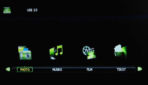 multimediemenyen som du ser nedenfor. Hint og informasjon om USB-enhet HOVEDMENY: FOTO MUSIKK FILM TEKST 2).
