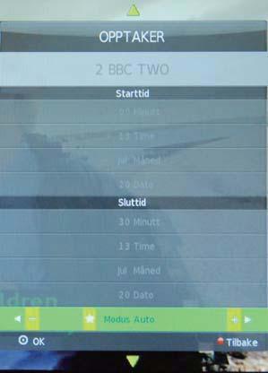 EPG-menyen EPG-menyen Vis programguiden ved å trykke EPG-knappen. Vis informasjon om programmet Kanalliste Vis programnavn Alternativer Du kan velge et program for opptak ved hjelp av -knappene.