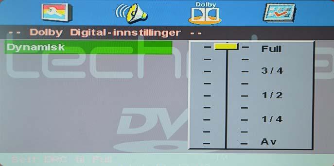 Betjening av DVD Betjening av DVD Dolby Digital-innstillinger Dynamisk Dette alternativet brukes til å stille inn komprimeringsgrad for å kontrollere lyd