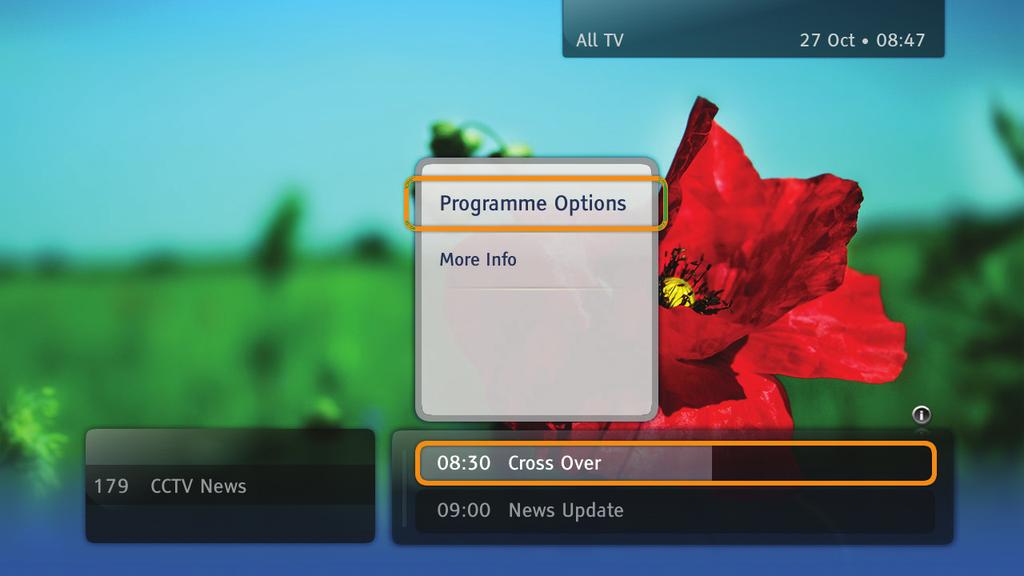 Alternativlisten Du åpner alternativlisten ved å trykke på når et program eller en kanal er markert. I listen kan du velge mellom ulike handlinger som skal utføres for det valgte objektet.