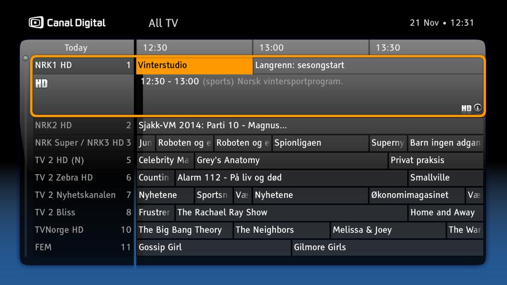 TV-guide I TV-guiden (EPG) vises det programinformasjon for alle kanaler.