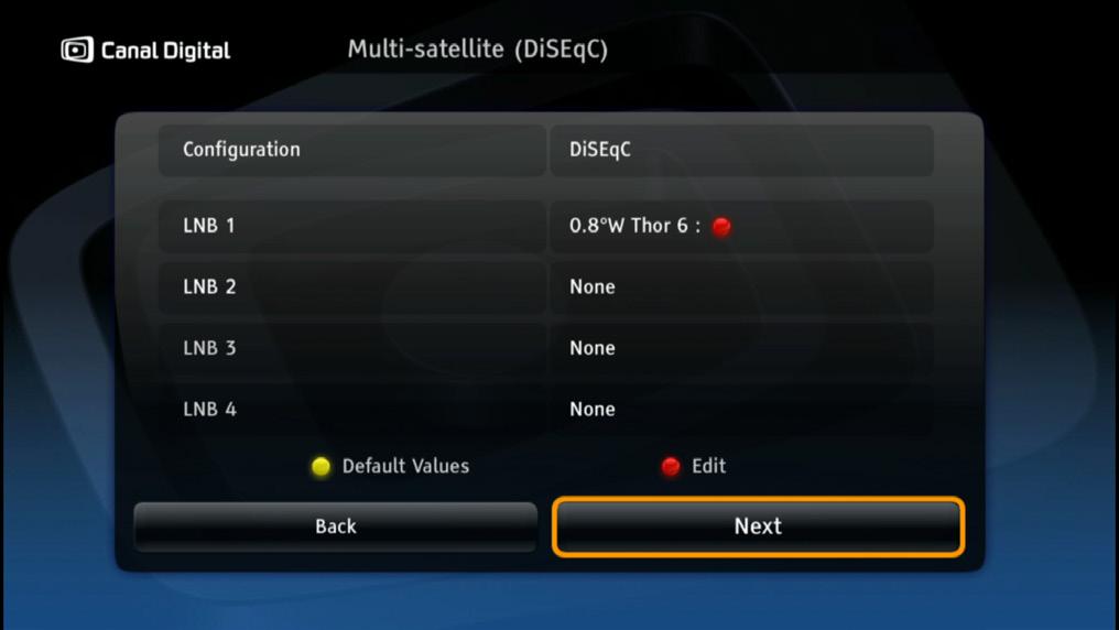 Multisatellitt redigering Når du velger Flere satellitter (DiSEqC), vises det en liste over LNB-er som du kan kombinere med ønskede satellitter. En LNB må alltid ha Thor-satellitten valgt.