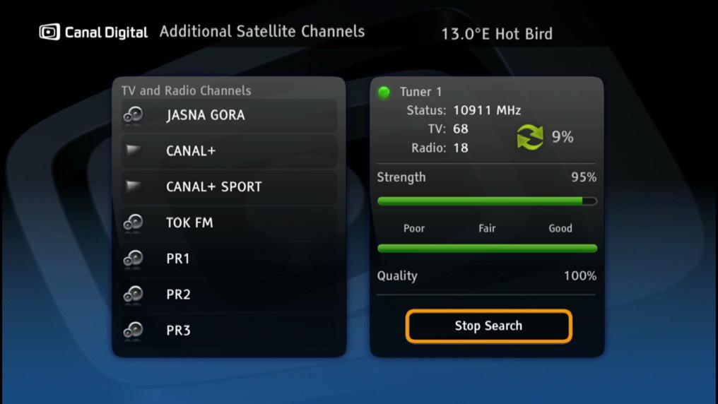 Kanalsøket utføres automatisk. Det kan ta flere minutter, spesielt siden det skal søkes gjennom fire satellittsignaler.
