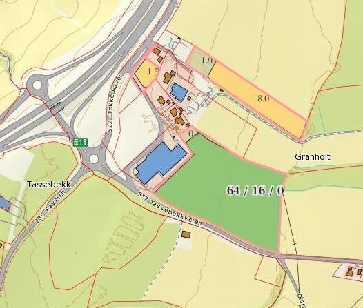 til nytt arealformål: kontor/næringsformål Arealet er en skogteig på 32.