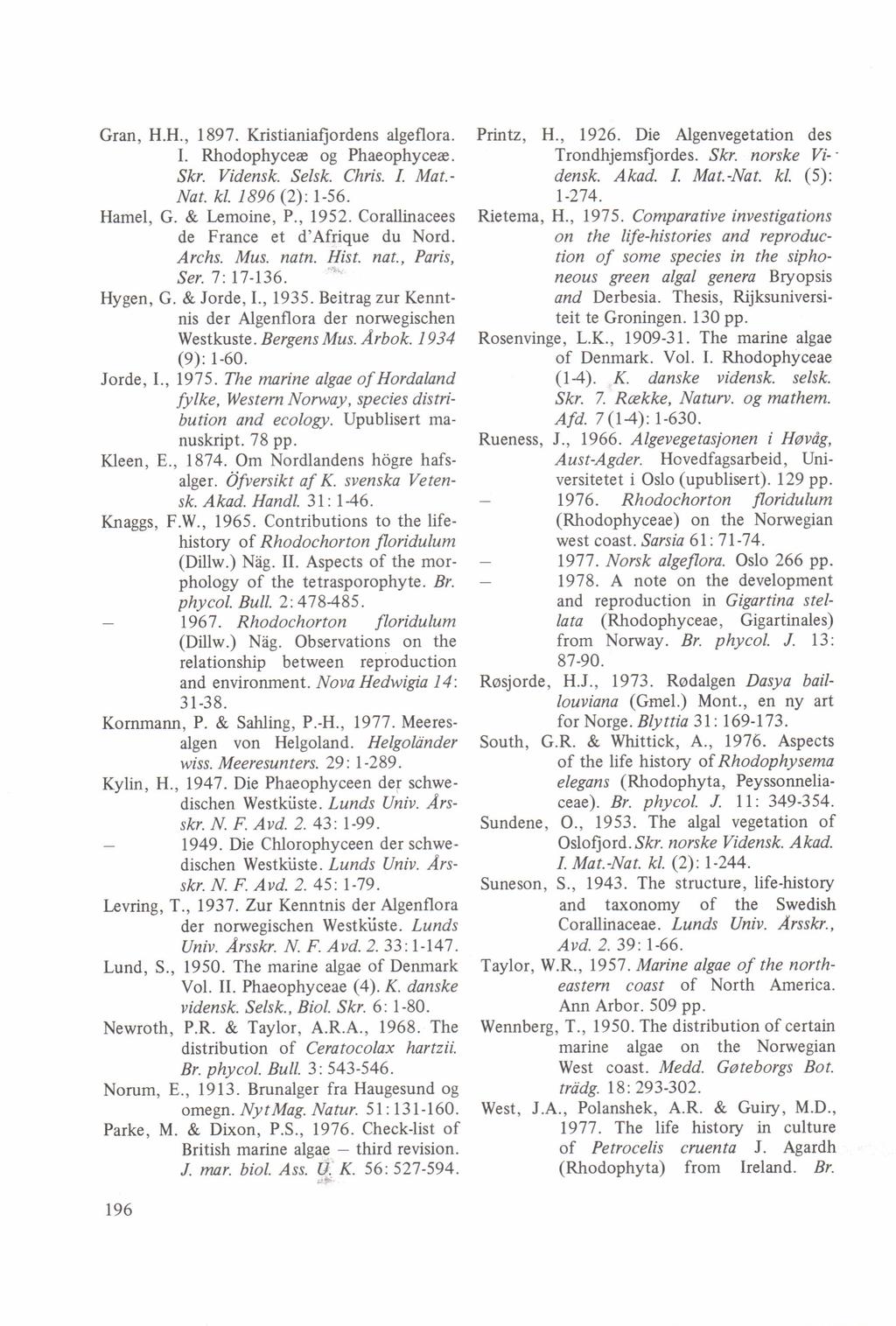 Gran, H.H., I 897. Kristianiafi ordens algeflora. I. Rhodophycee og Phaeophycea. Skr. Vidensk. Selsk. Chis. I. Mat.- NaL kl. 1896 (2): l-56. Hamel, G. & Lemoine,P.,1952.