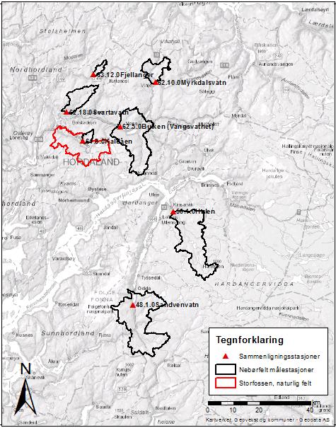 3. Hydrometriske stasjoner Det er bare en uregulert vannføringsstasjon i Bergdalsvassdraget, men der er flere uregulerte målestasjoner i nabovassdragene.