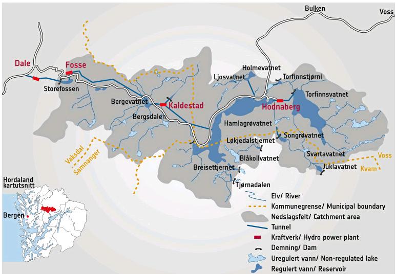 Figur 2. Oversikt over Bergsdalsvassdraget ( www.bkk.no) Det er 4 kraftverk i vassdraget. Hodnaberg kraftverk ble bygd i 1950-årene og utnytter fallet fra Torfinnsvatnet til Hamlagrøvatnet.