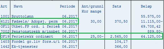 Årshjul ferie juni (7) Eksempel på en foreldrepermisjon med 80% dekningsgrad i juni: Permisjonstype 415 Utklipp fra