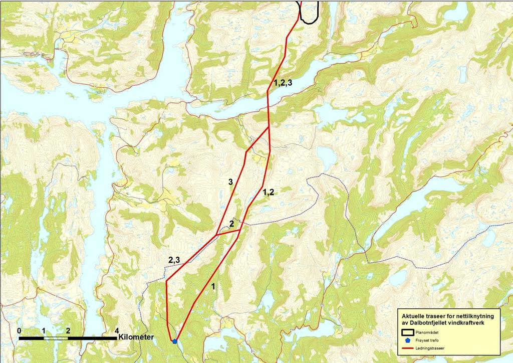 Endringssøknad for nettilknytning av Dalsbotnfjellet vindkraftverk, februar 2016 Under høringen av konsesjonssøknaden i 2015 fremkom det betydelig lokal motstand mot den delen av traseen som gikk